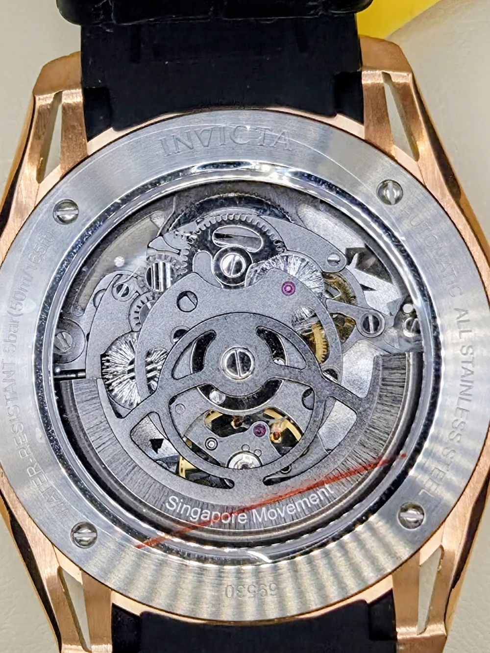 Invicta Rose Gold Space-Themed Mechanical Watch with Black Strap
